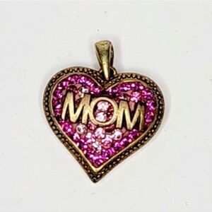 Gold tone rhinestone hot pink heart MOM pendant